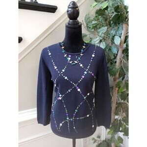 Alfred Dunner Sweater Women Small Navy Knit Beaded Sequin Long Sleeve Round Neck